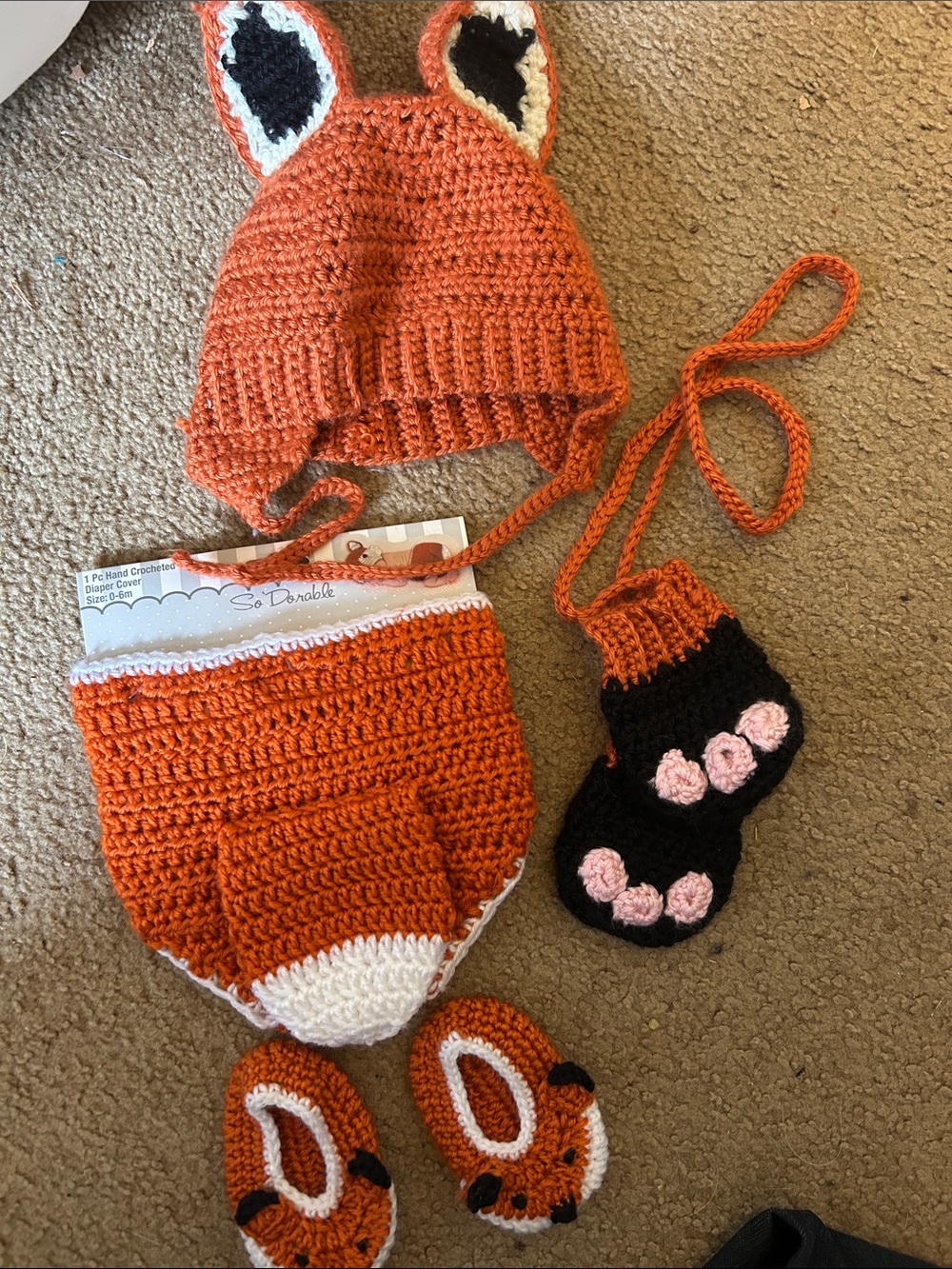 Hand-Crocheted Orange Fox Baby Hat & Accessory Set